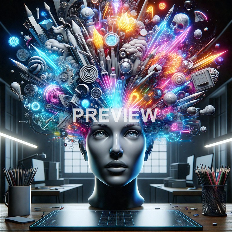 A digital art piece featuring a human-like face with an elaborate explosion of colorful technological and electronic components emanating from the head, set in a modern workspace.